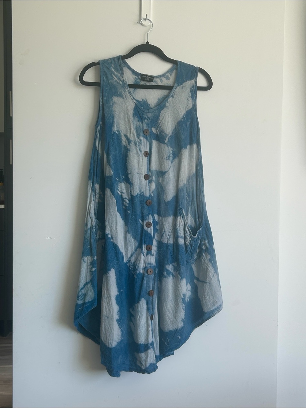 Made in India Blue White Tie-Dye Rayon Midi Dress Boho Lagenlook